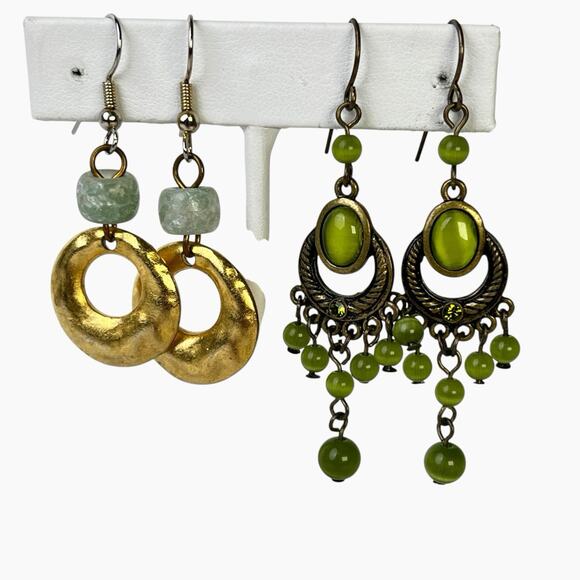 Earrings Lot Green Color Beads Stones 9 Pair Pierced Clip On Gold And Silvertone - Picture 12 of 13